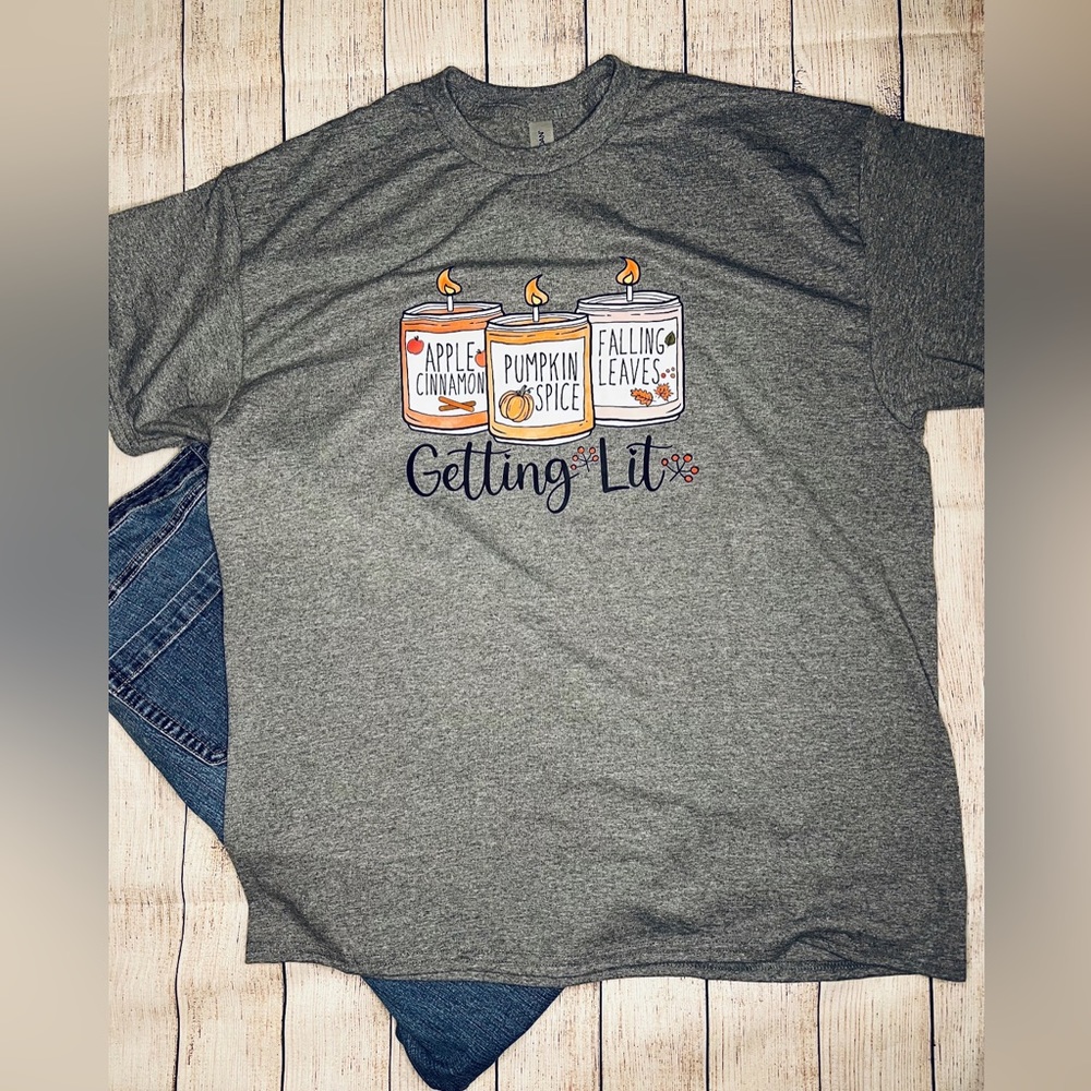 SALE- New Fall "Getting Lit"' Graphic T-Shirt sz.
XL.  Pumpkin Spice Candles